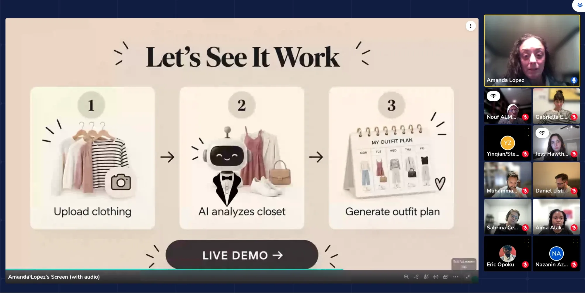 Workshop participants on a video call while one demos an AI outfit planner: upload clothing, AI analyzes the closet, generate an outfit plan