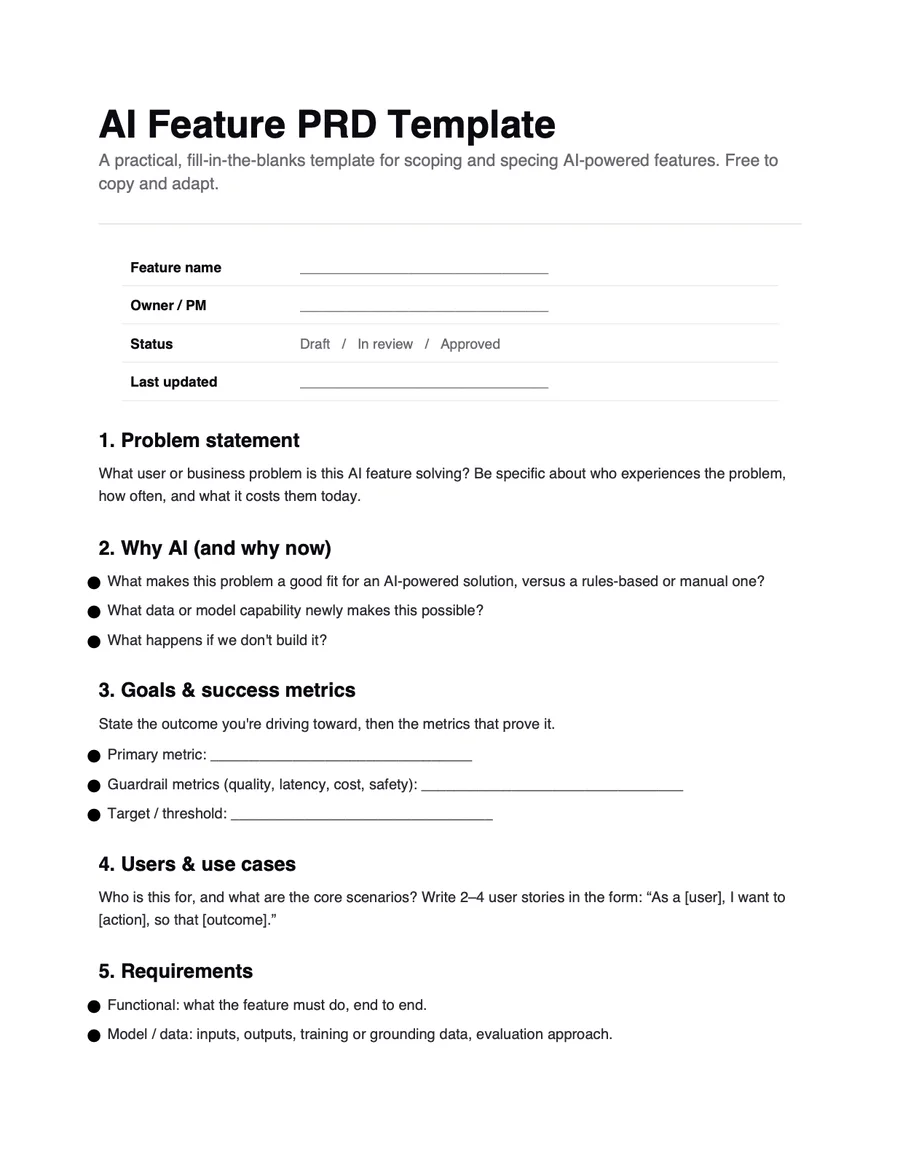 First page of AI feature PRD template
